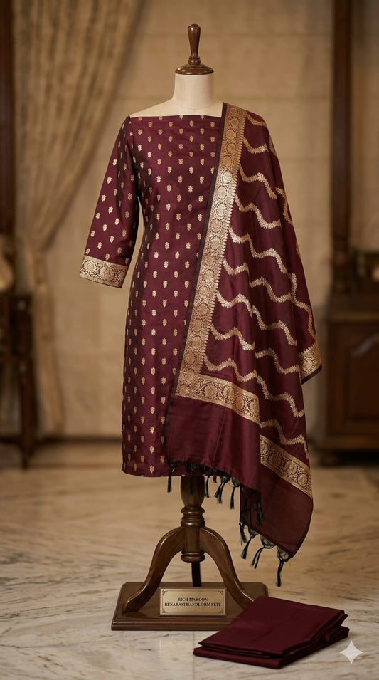 Maroon Banarasi Cotton Silk Suit with Gold Zari Weaving | Elegant Wedding & Festive Wear