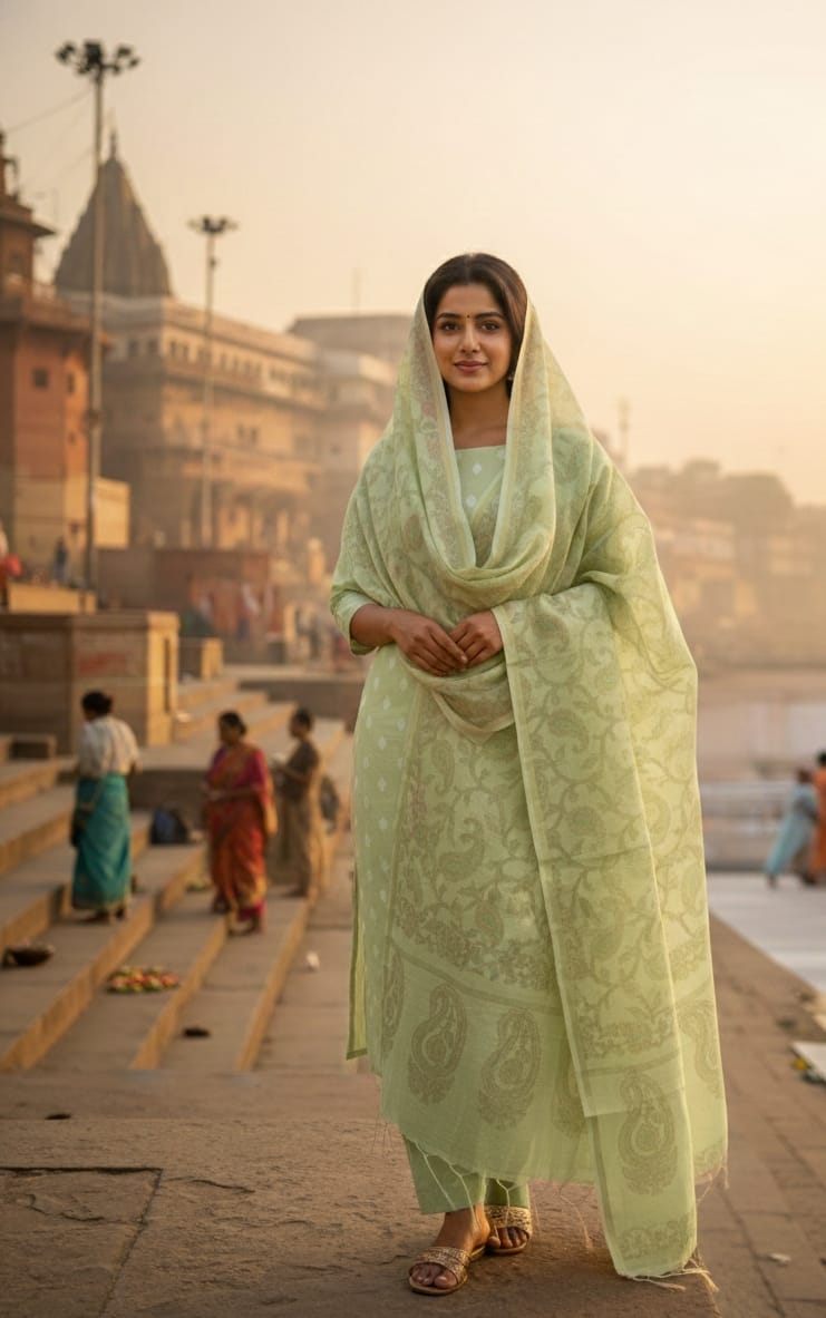 Mint Green Banarasi Suit Set with Elegant Dupatta | Lightweight Ethnic Wear