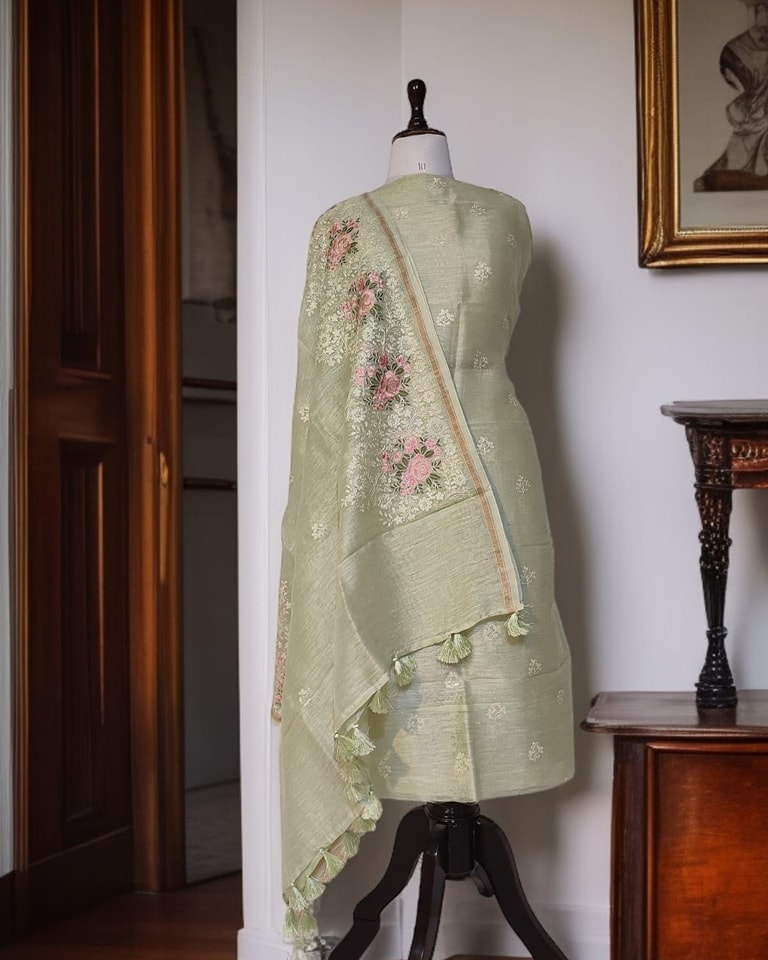 Mint Green Banarasi Cotton Silk Suit with Floral Zari Dupatta | Elegant Wedding & Festive Wear