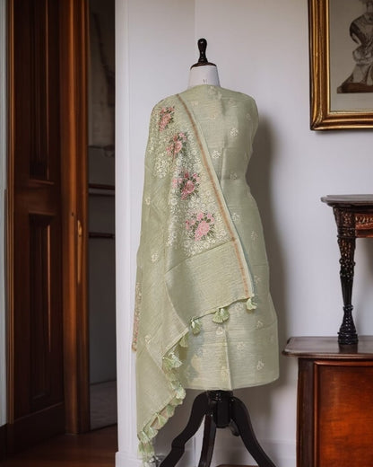 Mint Green Banarasi Cotton Silk Suit with Floral Zari Dupatta | Elegant Wedding & Festive Wear