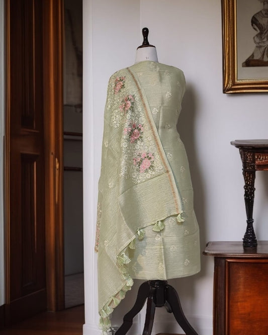 Mint Green Banarasi Cotton Silk Suit with Floral Zari Dupatta | Elegant Wedding & Festive Wear