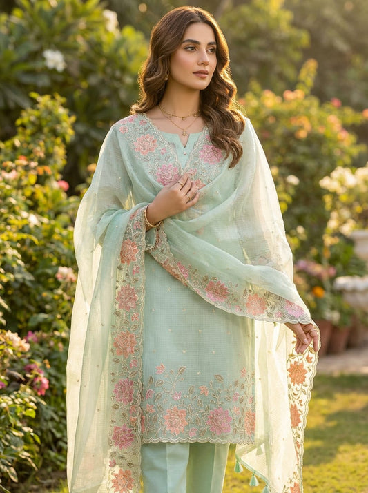 Mint Green Banarasi Silk Ensemble with Elegant Resham Embroidery & Scalloped Dupatta | Wedding & Festive Wear