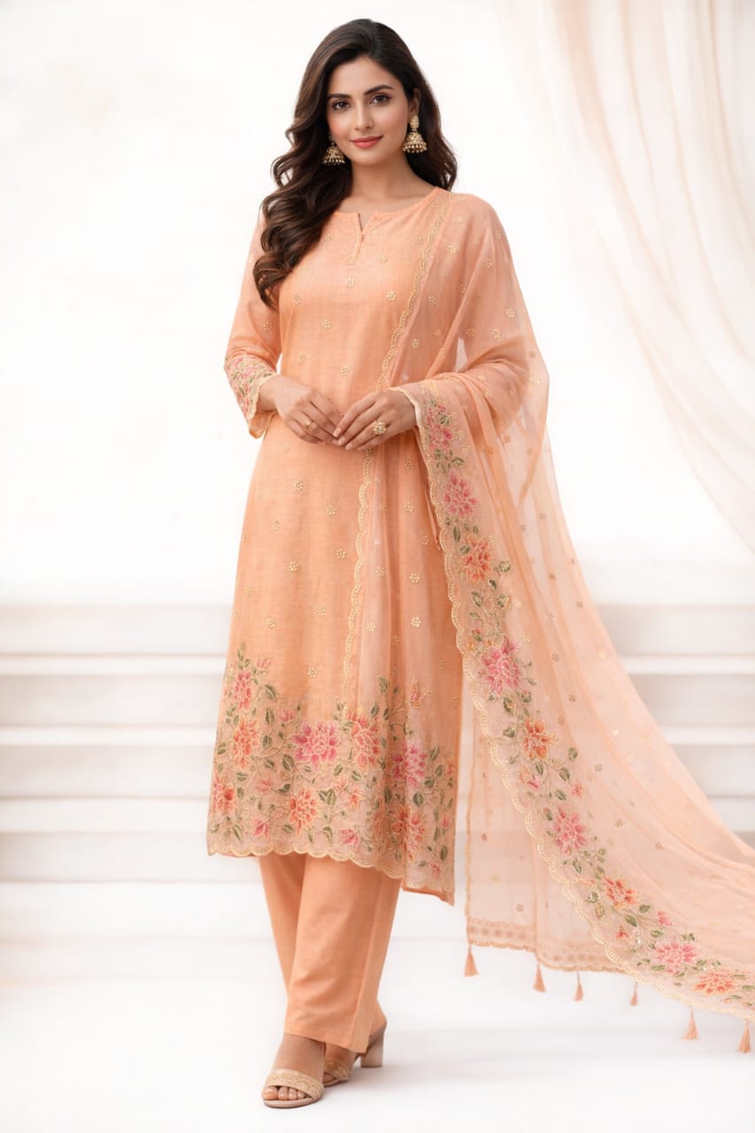 Peach Banarasi Silk Ensemble with Elegant Resham Embroidery & Scalloped Dupatta | Wedding & Festive Wear