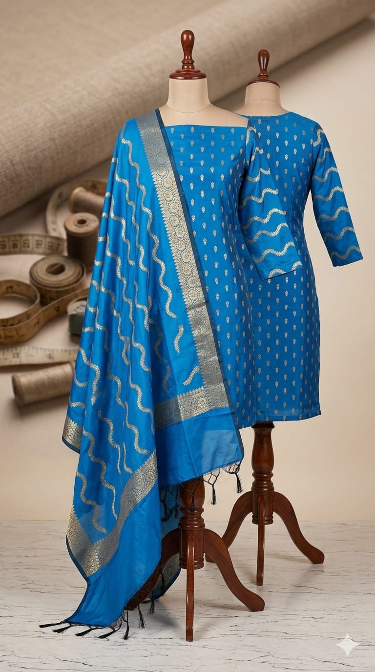 Rama Blue Banarasi Cotton Silk Suit with Gold Zari Weaving | Elegant Wedding & Festive Wear