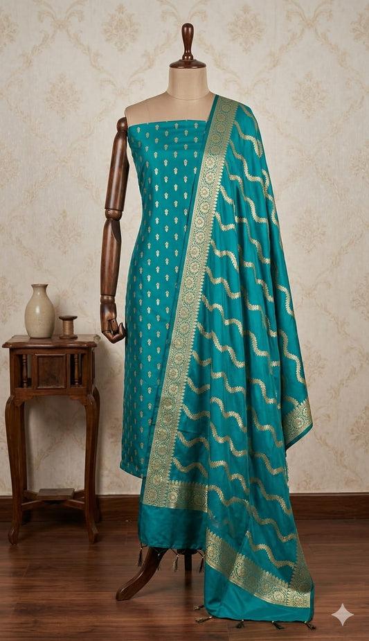 Rama Green Musturd Banarasi Cotton Silk Suit with Gold Zari Weaving | Elegant Wedding & Festive Wear