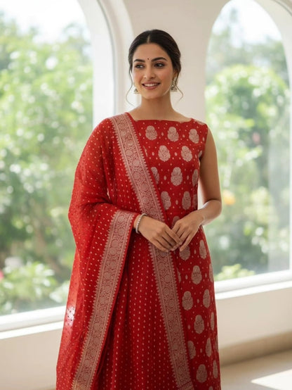 Red Banarasi Cotton Silk Suit with Floral Zari Dupatta | Elegant Wedding & Festive Wear