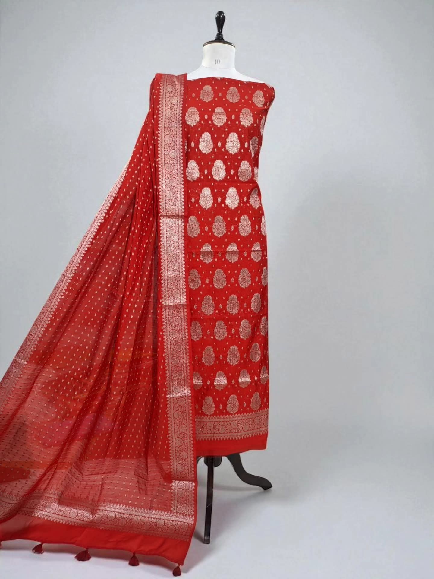 Red Banarasi Cotton Silk Suit with Floral Zari Dupatta | Elegant Wedding & Festive Wear