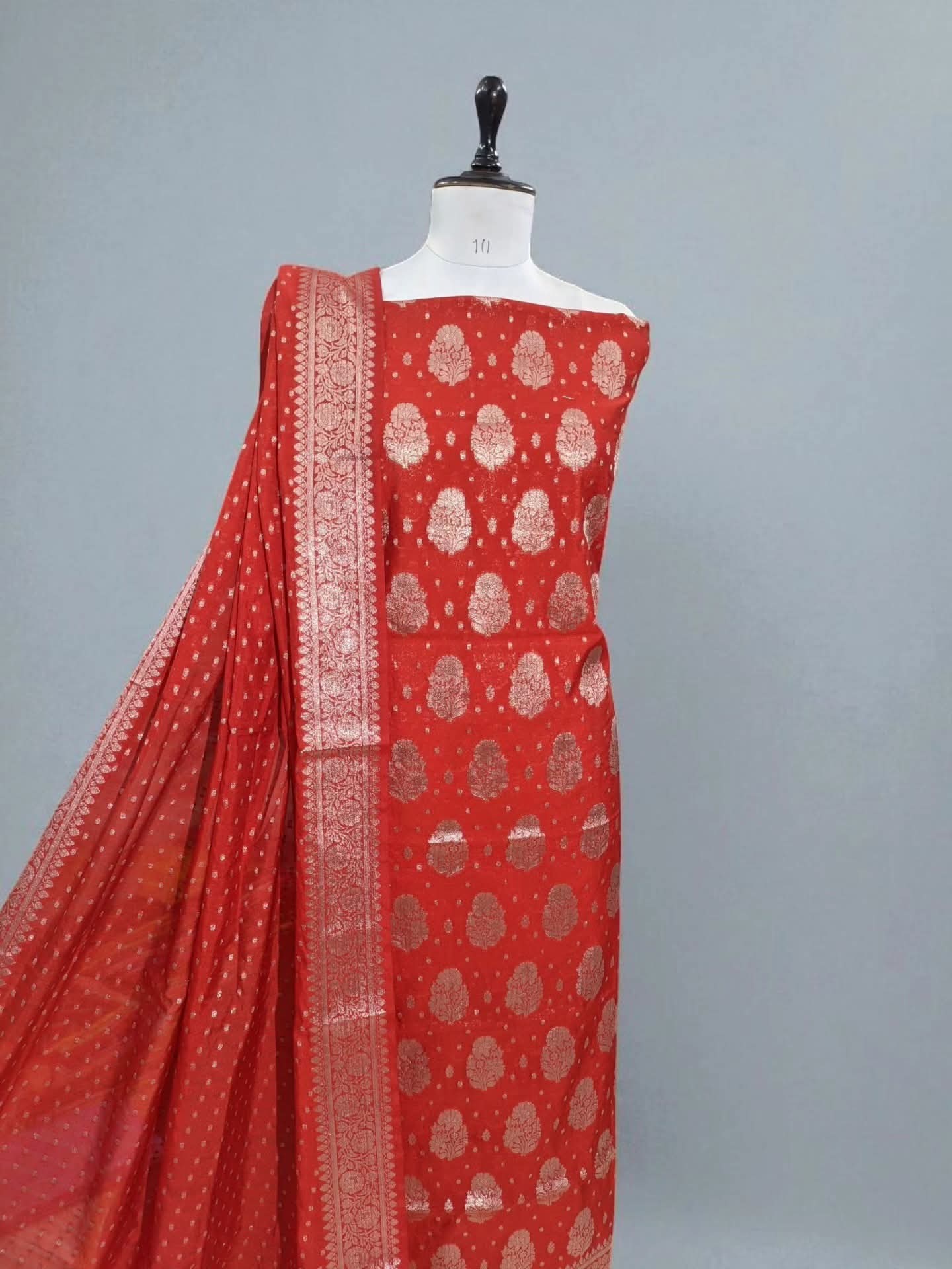 Red Banarasi Cotton Silk Suit with Floral Zari Dupatta | Elegant Wedding & Festive Wear