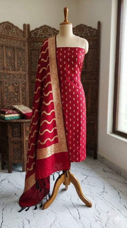 Red Banarasi Cotton Silk Suit with Gold Zari Weaving | Elegant Wedding & Festive Wear