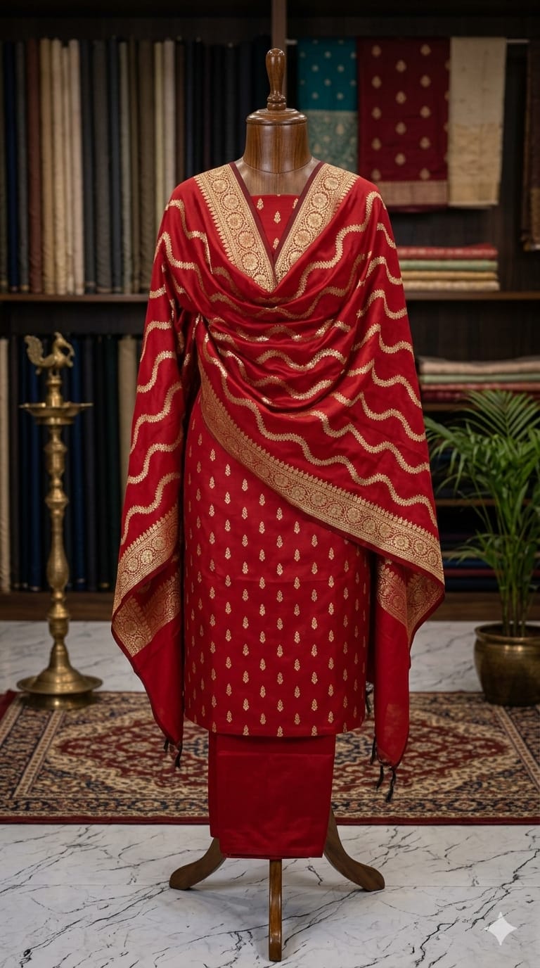 Red Banarasi Cotton Silk Suit with Gold Zari Weaving | Elegant Wedding & Festive Wear