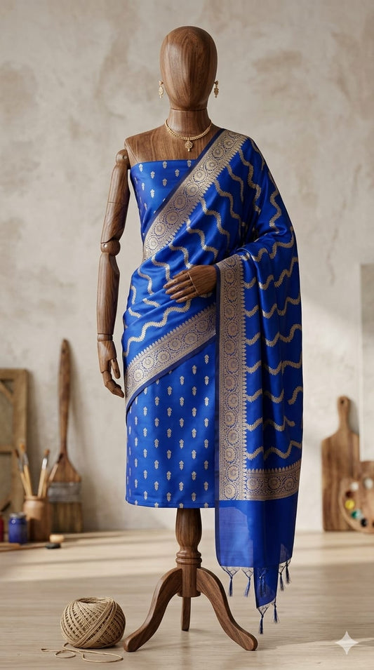 Royal Blue Musturd Banarasi Cotton Silk Suit with Gold Zari Weaving | Elegant Wedding & Festive Wear