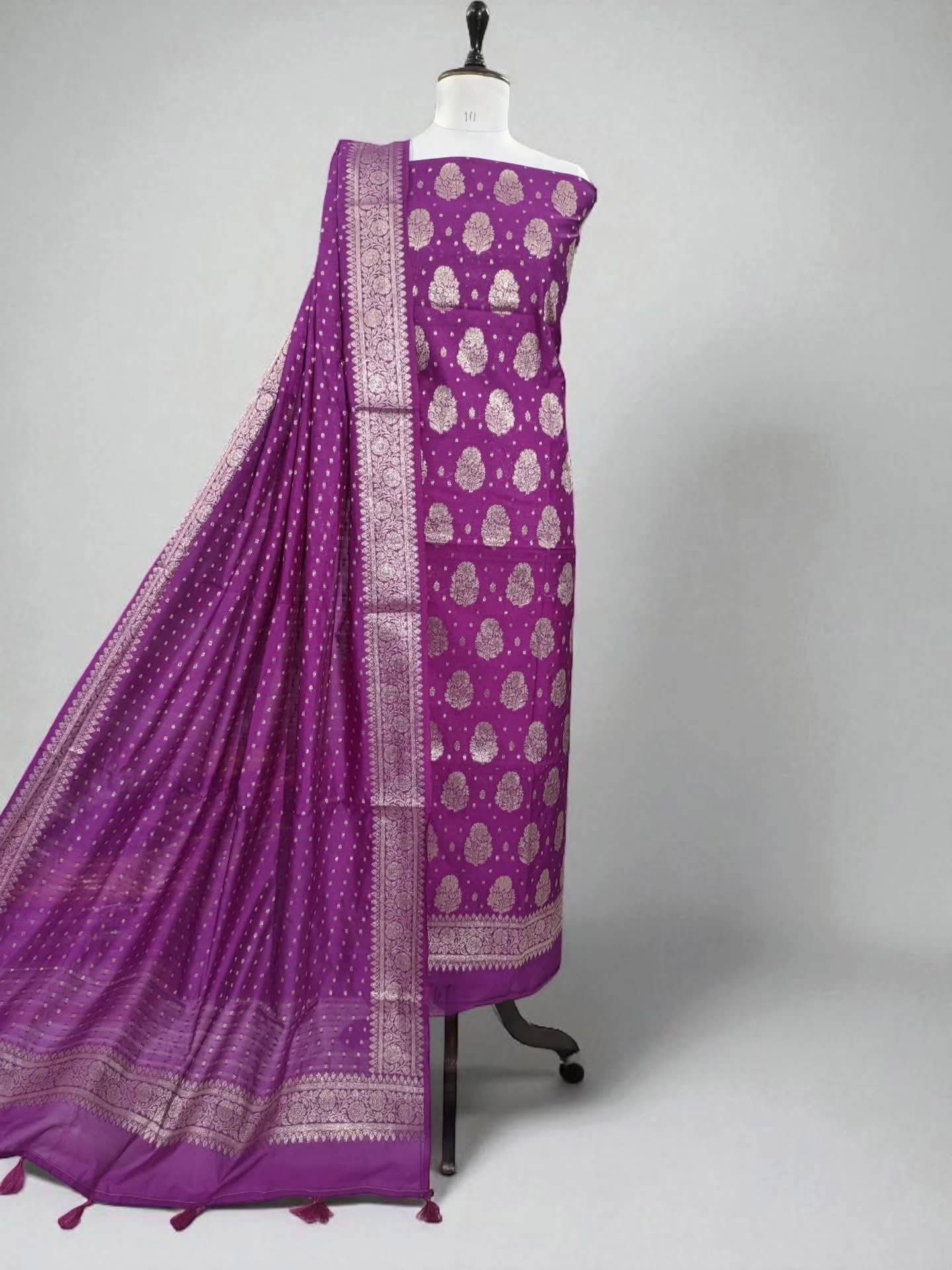 Warm Purple Banarasi Cotton Silk Suit with Floral Zari Dupatta | Elegant Wedding & Festive Wear