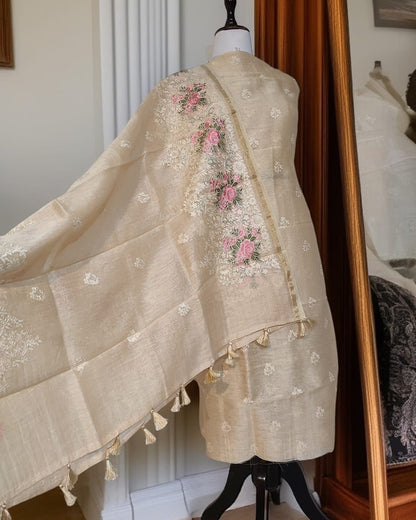 Cream Banarasi Cotton Silk Suit with Floral Zari Dupatta | Elegant Wedding & Festive Wear
