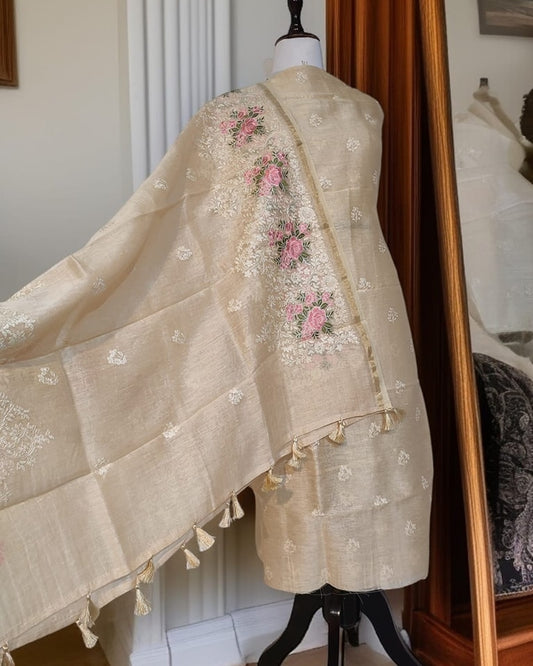 Cream Banarasi Cotton Silk Suit with Floral Zari Dupatta | Elegant Wedding & Festive Wear