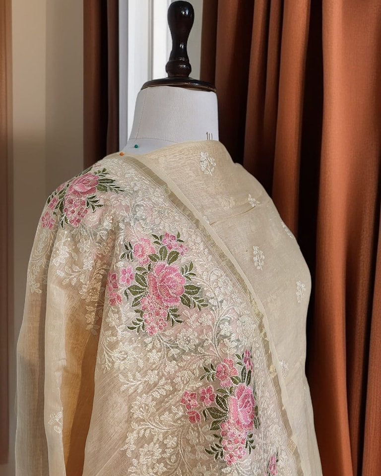 Cream Banarasi Cotton Silk Suit with Floral Zari Dupatta | Elegant Wedding & Festive Wear