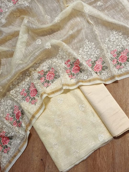Cream Banarasi Cotton Silk Suit with Floral Zari Dupatta | Elegant Wedding & Festive Wear