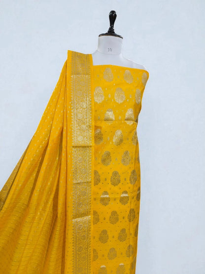 Yellow Banarasi Cotton Silk Suit with Floral Zari Dupatta | Elegant Wedding & Festive Wear
